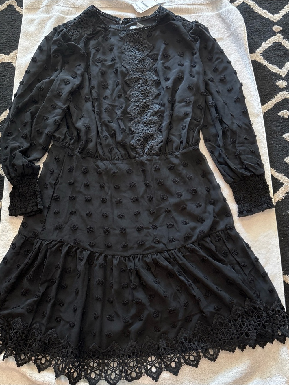 Love By Design “Rina” Clip Dot Black Lace-Trim Tiered Mini Dress NEW WITH TAGS